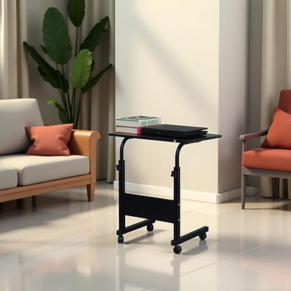 TV Tray Bed Side Table, Portable Rolling Desk Hospital Bed Laptop Table, Small Standing Desk with Wheels Adjustable Height for Sofa, Bedside, Tablet Use, Secure Non Tilt, 23.6" W, Black