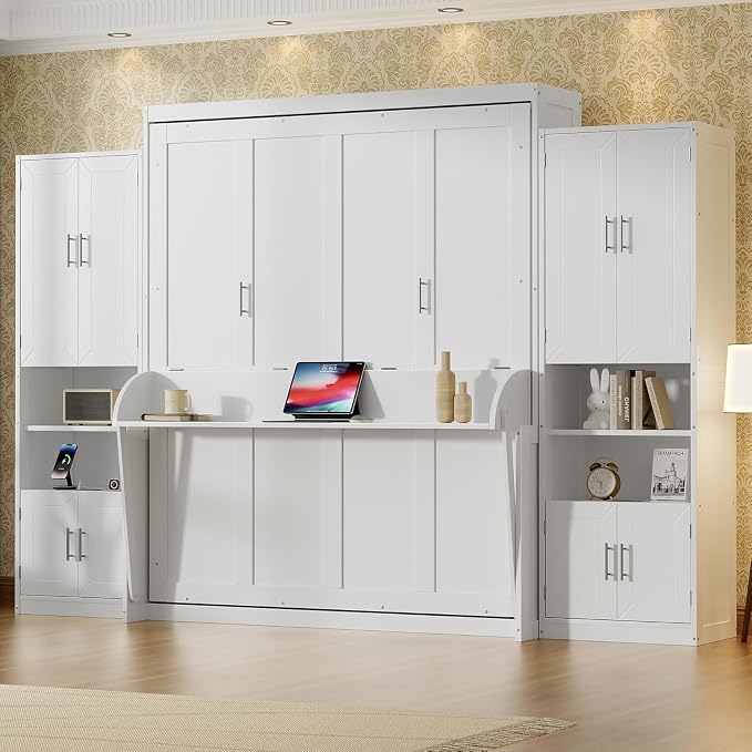 PVWIIK Queen Size Murphy Bed with Drawers & Desk,Charging Station & Storage Shelf for Small Space,Bedroom,Guest Room,Hidden Wall Bed Frame Folding into Cabinet Design,White