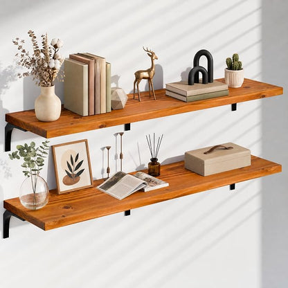 12 Inch Deep Floating Shelves Set of 2, 60 Inch Extra Wide Solid Wood Wall Shelves, Heavy Duty Wall Mount Bookshelf with 100 lbs Capacity, Farmhouse Rustic Storage for Kitchen & Living Room