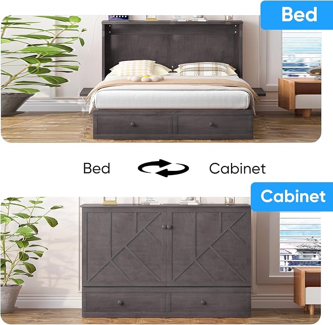 PUREMIND Murphy Bed Queen with Mattress Included, Hideaway Wallbed Cabinet Bed with 2 Storage Drawers, USB Charging Ports & Headboard, Space-Saving Chest Beds for Home, Guest Room, Gray