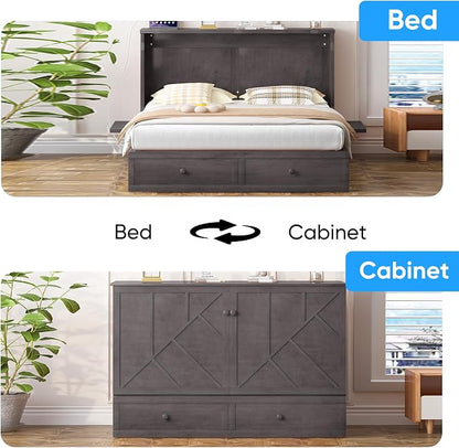 PUREMIND Murphy Bed Queen with Mattress Included, Hideaway Wallbed Cabinet Bed with 2 Storage Drawers, USB Charging Ports & Headboard, Space-Saving Chest Beds for Home, Guest Room, Gray