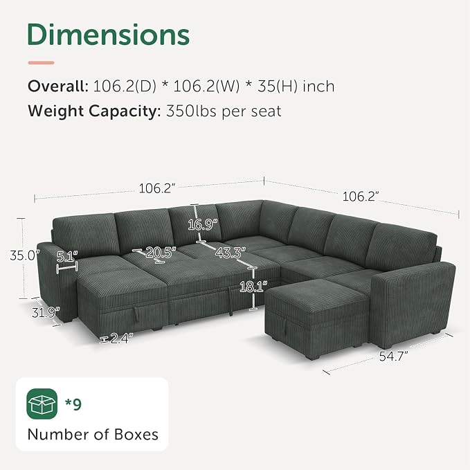 HONBAY Modular Sectional Sleeper Sofa with Pull Out Couch, Corduroy Oversized Sectional Couches Pull Out Bed with U Shaped Sleeper Storage for Living Room - Green