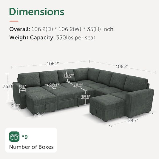 HONBAY Modular Sectional Sleeper Sofa with Pull Out Couch, Corduroy Oversized Sectional Couches Pull Out Bed with U Shaped Sleeper Storage for Living Room - Green