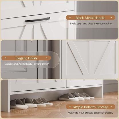 MU Shoe Storage Cabinet with 4 Flip Drawers, Freestanding Shoe Cabinet, Slim Shoe Organizer with Wood Legs for Entryway, White