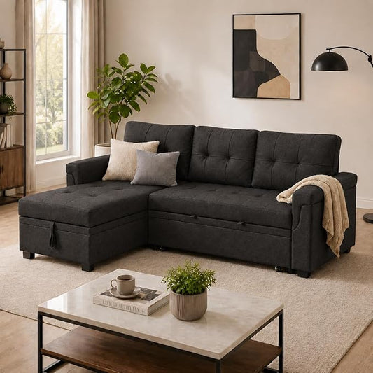 Naomi Home 84" L-Shaped Sectional Sleeper Sofa with Pull Out Bed | Sleeps guests comfortably, stores essentials in chaise & saves space, Velvet, Espresso convertible sofa bed