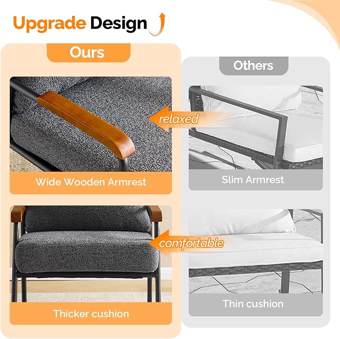 VINGLI Mid-Century Modern Accent Armchiars Set of 2 for Small Space, Small Comfy Upholstered Leisure Reading Chairs with Wood Armrests for Bedroom, Living Room, Waiting Room, Linen Grey