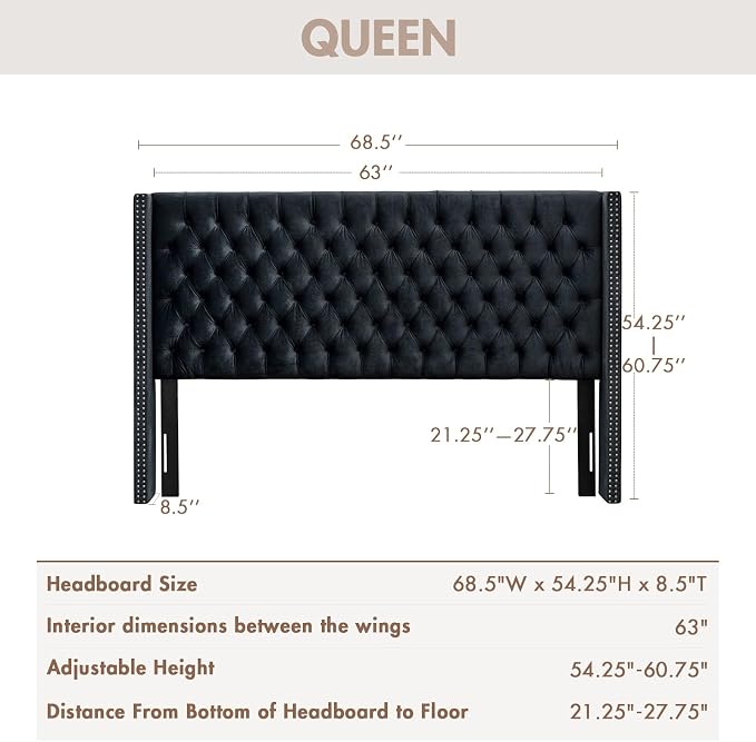 Madison Park Queen Wingback Upholstered Tufted Headboard, Featuring High-Density Sponge Padding, Adjustable Height Headboard, Easy Assembly, Black Velvet