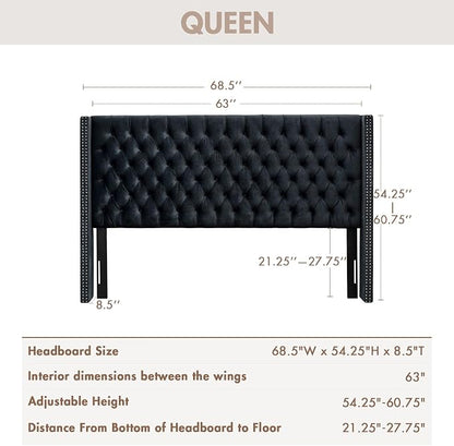 Madison Park Queen Wingback Upholstered Tufted Headboard, Featuring High-Density Sponge Padding, Adjustable Height Headboard, Easy Assembly, Black Velvet