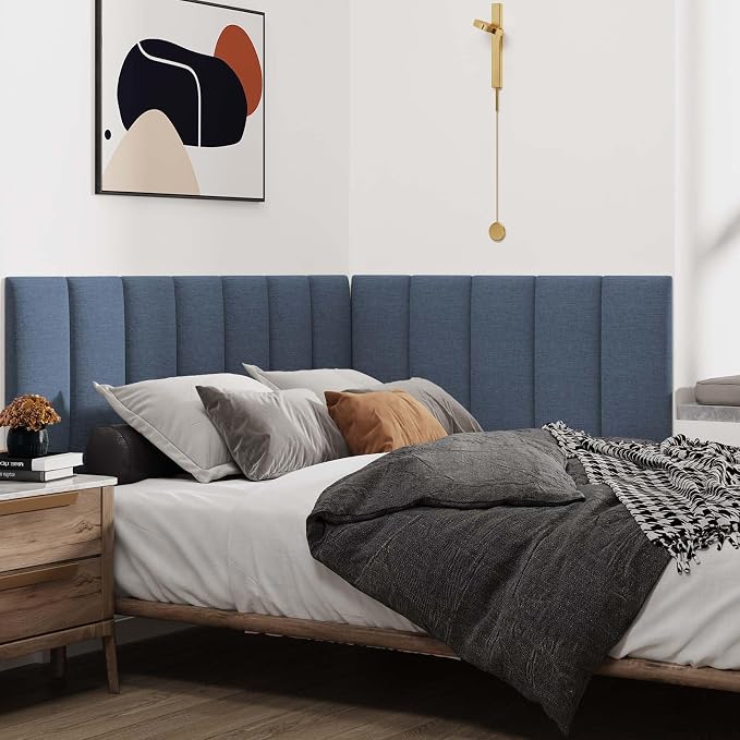 IFNOW Upholstered Peel and Stick Wall Panels, Soundproof 3D Headboard for Queen Size, Reusable Tufted Bed Headboard in Blue (9 Panels, 10" x 24")
