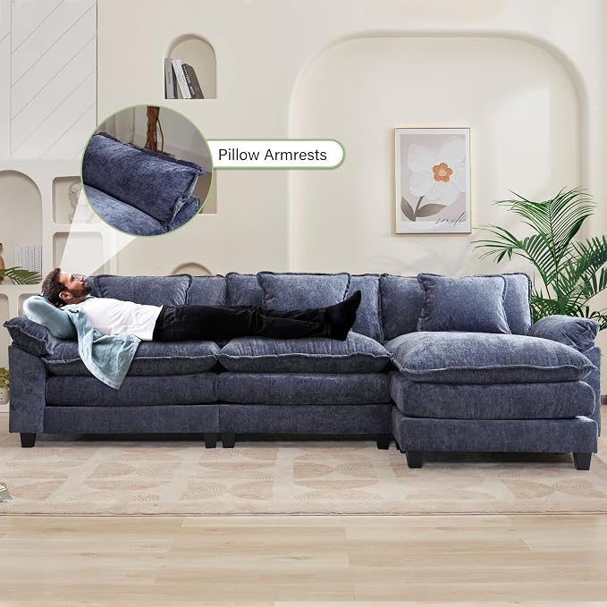 Oprisen 120" Modular Sectional Sofa, Comfy Cloud Couch Sectional Sofa with Ottoman, Chenille Sofa Sleeper Deep Seat Sofa with Throw Pillows for Living Room (Blue, 120"- L Shape)