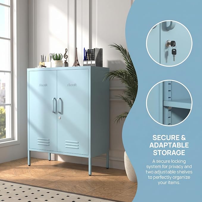 Multipurpose Accent Cabinet Locker, Metal Storage Cabinet with 2 Adjustable Shelves, Heavy Duty & Lockable Organizer Made of Thickened Steel, Easy Assembly for Home, Entryway, Blue