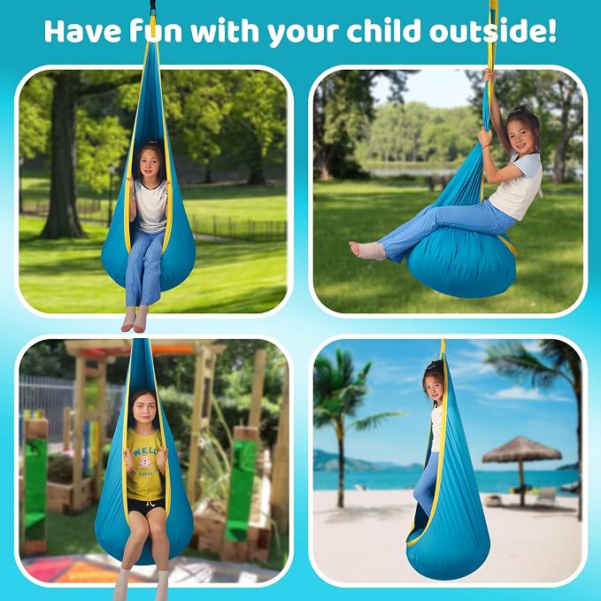 HiCamer Sensory Swing for Kids Indoor and Outdoor Pod Hammock Chair Seat Upgrade Max 300 lbs Hanging Swing with Inflatable Cushion Includes Hardware Hanger Kit for Aspergers Autism ADHD (Teal)