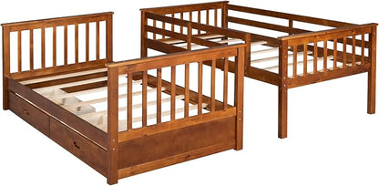 Merax Twin-Over-Twin Bunk Bed with Two Storage Drawers, Solid Wood Twin Size Bunk Bed with Guardrial and Removble Ladder, Can be Converted Into 2 Separate Beds, Walnut