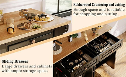 JassmiPkwy 51.2'' Rolling Kitchen Island Cart with Drop Leaf Countertop, Kitchen Carts on Wheels with Storage, 2 Drawers, Towel Rack Island for Dining Room, Black