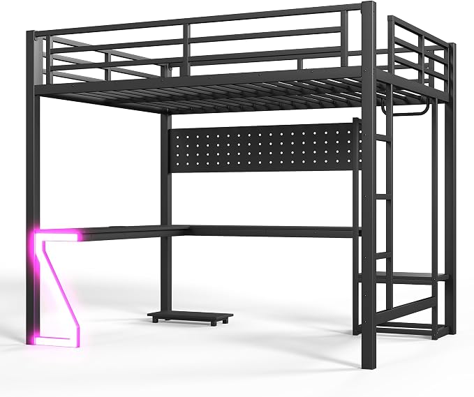 Bellemave Queen Size Loft Bed with Desk and USB Ports, Computer Tray, Peg Board LED, Metal Full Loft Bed Frame for Adults, Kids, Teens, Black