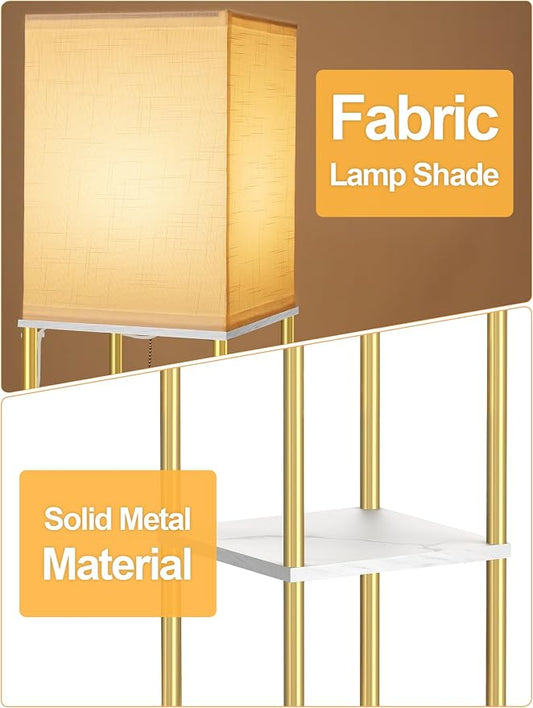Floor Lamp with Shelves, Modern Corner Display Standing Column Shelf Lamp Etagere Organizer Tower Nightstand with White Linen Shade for Living Room, Bedroom and Office, Marble White and Gold Poles