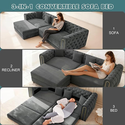 90.6'' Velvet Folding Floor Sofa Bed - 3-in-1 Convertible Sleeper Couch with Ottoman, Button Tufted Chesterfield Sofa, Pull-Out King Size Couch Bed for Apartments, Living Room, Dark Grey | 3-in-1 Convertible