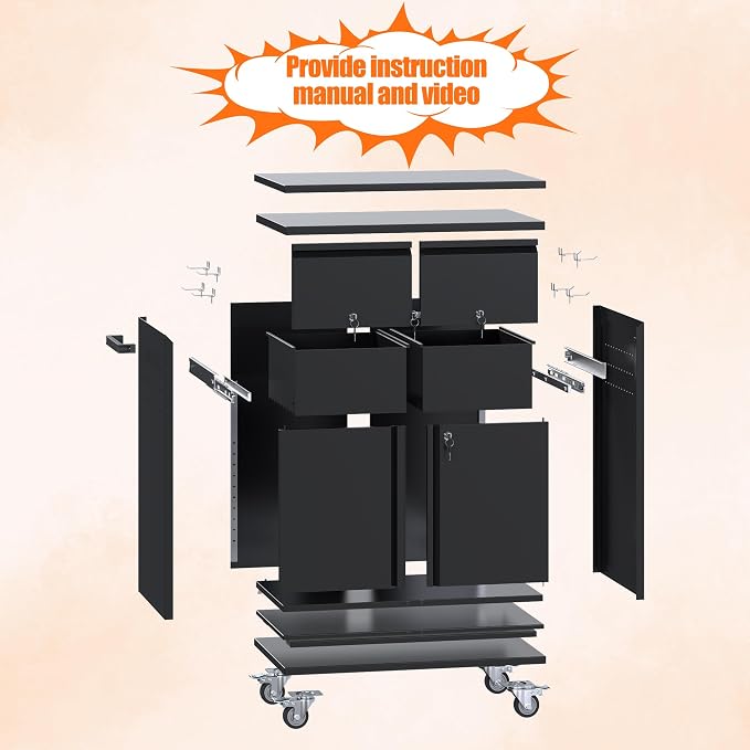 Metal Garage Storage Cabinet with Wheels, Rolling Tool Cabinet with Adjustable Shelf, 2 Drawers and 2 Doors for Tools, Garage,Workshop, Black, Assembly Required