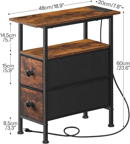 HOOBRO End Table with Charging Station, Narrow Side Table with 2 Fabric Drawers, Skinny Nightstand with Storage, Slim Bedside Table for Living Room, Small Spaces, Rustic Brown and Black BF487UBZ01