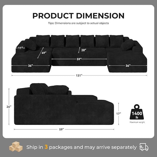 Luxanimarion 131'' Large Sectional Couches with Chaise, U Shaped Cloud Sofa, No Assembly Required Deep Seat Modular Lounge Bed for Living Room 1PCS, Bedroom