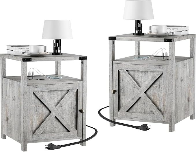 Farmhouse Nightstand Set of 2 with Charging Station, Rustic End Table Bedroom with Storage Living Room Side Table Grayish White Night Stand Industrial Bedside Table