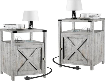 Farmhouse Nightstand Set of 2 with Charging Station, Rustic End Table Bedroom with Storage Living Room Side Table Grayish White Night Stand Industrial Bedside Table