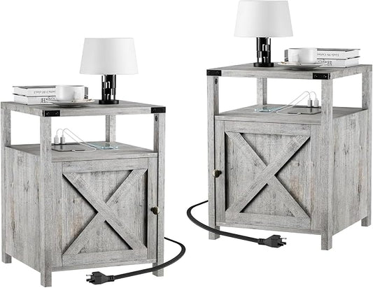 Farmhouse Nightstand Set of 2 with Charging Station, Rustic End Table Bedroom with Storage Living Room Side Table Grayish White Night Stand Industrial Bedside Table