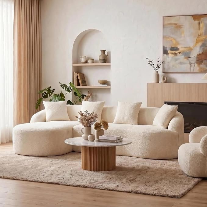 99" Curved Sofa with L-Shape Chaise,Modern Cloud Curved Couch with Deep Seat,No Assembly Required,Upholstered Oversized Couches for Living Room,Apartment (White, 99Inch)