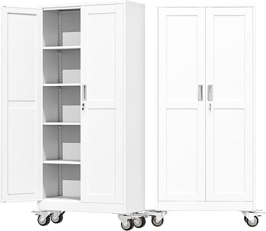 71" Metal Garage Storage Cabinet with Wheels and Locking Doors and Tall Rolling Steel Tool Cabinet with 4 Adjustable Shelves for Garage,Home,Office,Shop (White, 71''H x 30''W x15''D)
