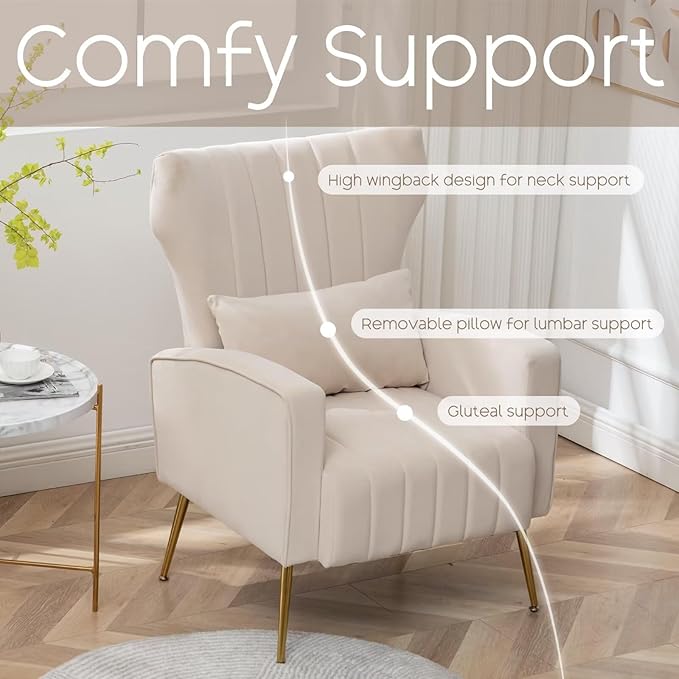 Velvet Accent Chair Set of 2,Wingback Armchair for Living Room, HighBack Reading Chair with Golden Legs Lumbar Pillow, Upholstered Single Sofa Comfy for Bedroom, Apartment, Small Spaces Beige