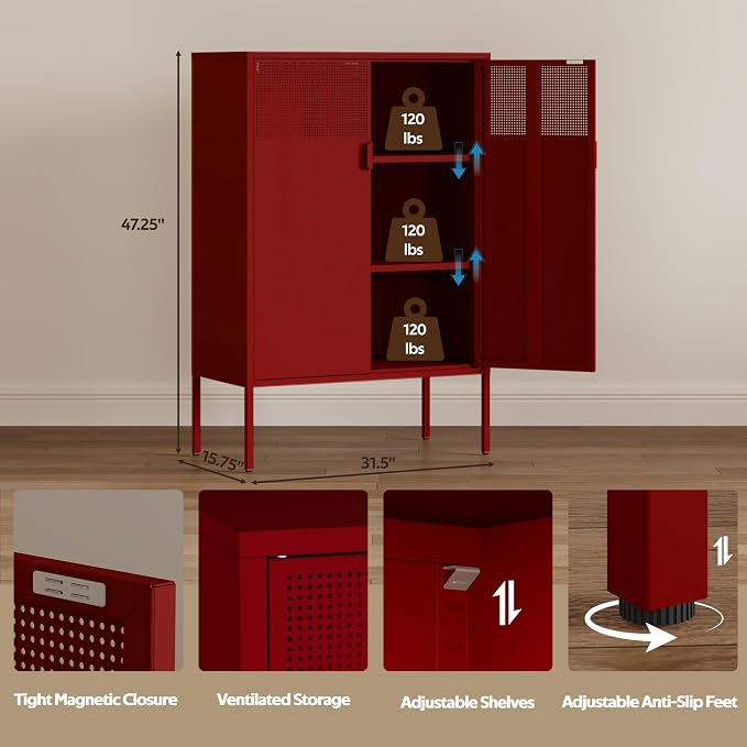 47''H Red Metal Storage Cabinet with 2 Adjustable Shelves, 2 Door Accent Cabinet, 3-Tier Metal Locker with Vent Hole, TV Stand for Entryway, Home Office, Music Studio, Home Office