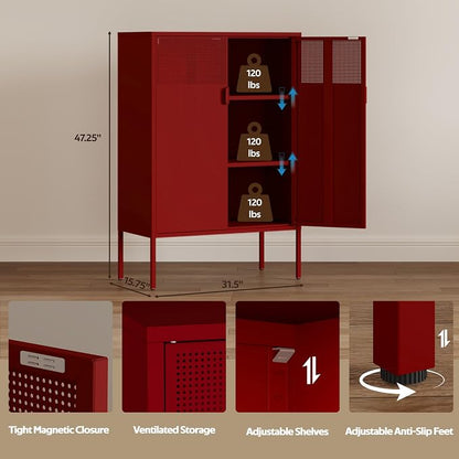 47''H Red Metal Storage Cabinet with 2 Adjustable Shelves, 2 Door Accent Cabinet, 3-Tier Metal Locker with Vent Hole, TV Stand for Entryway, Home Office, Music Studio, Home Office