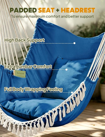 Chihee Hammock Chair Hanging Swing Max 500 Lbs 2 Cushions Included Metal Spreader Bar with Anti-Slip Grooves Portable Hanging Chair Side Pocket Large Macrame Bohemian Chair Indoor Outdoor