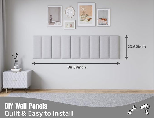 Peel and Stick Upholstered Wall Mounted Headboard Queen Size, 9 Panels Tufted Fabric Headboard,Wall Mounted Headboards, Interior Wall Panels for Bedroom, 10"x24" Light Grey