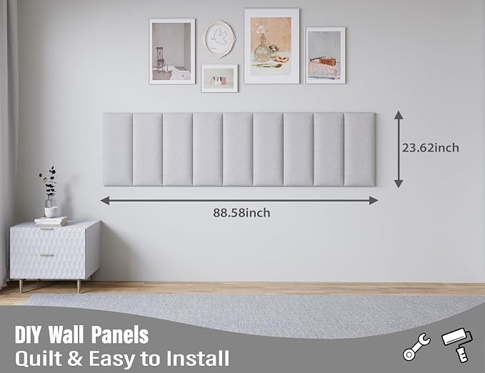 Peel and Stick Upholstered Wall Mounted Headboard King Size, 12 Panels Tufted Fabric Headboard,Wall Mounted Headboards, Interior Wall Panels for Bedroom, 10"x24" Light Grey