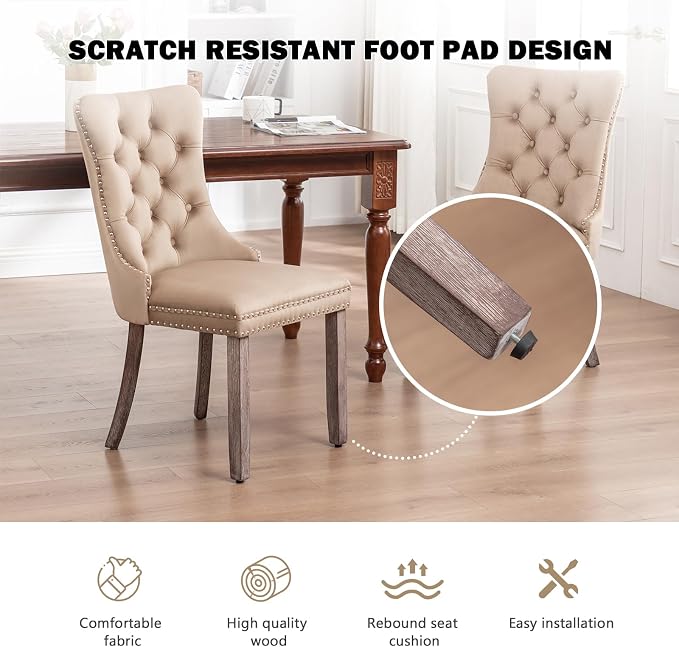 Hixkol Velvet Dining Chairs Set of 4,Upholstered Dining Chairs with Ring Pull Trim and Button Back,Modern Seating for Kitchen, Bedroom & Living Room(Khaki)