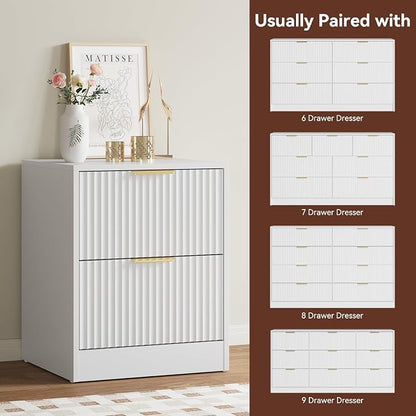 6 Drawer Dresser and Nightstand Set 3-Piece, 55” Wide Bedroom Dressers & Night Stand Set of 2 with Metal Handle, Fluted Modern Wood Chest of Drawers Storage Dressers Set for Bedroom, White