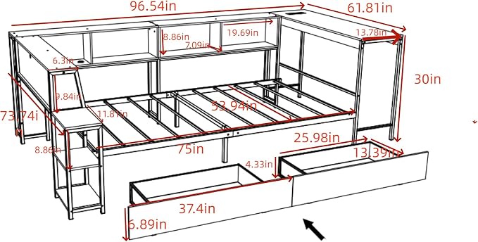Bellemave Full Size Corner Bed Frame with Storage Drawers, Bookcase and Side Desk, Full Corner Bed with Light and Charging Station, Daybed for Bedroom, Living Room, Guest Room Black