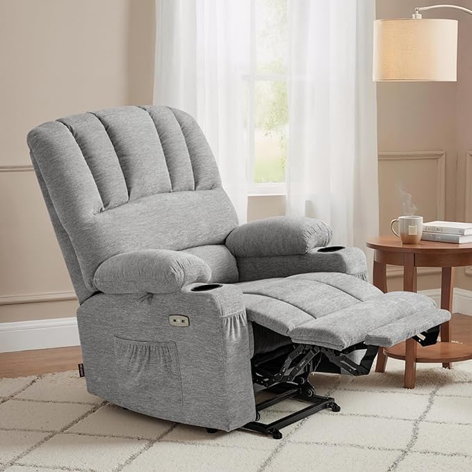 MCombo Power Lift Recliner Chair for Elderly, Lift Chair with Heat and Massage, USB &Type C Ports, Cup Holders, Fabric 7095 (Medium, Grey)