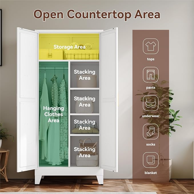 YAUWOH Farmhouse Wardrobe Cabinet,Metal Wardrobe Closet with Hanging Rod,Metal Armoire with Adjustable Shelves for Bedroom, Cloak Room,Office (White)