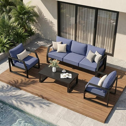 Oversized Modern Outdoor Patio Furniture Set with 5" Thick Cushions, Deep Seats & Wide Armrests, Comfortable Aluminum All-Weather Rustproof UV-Resistant Frame, 5-Seater for Garden, Backyard, Poolside