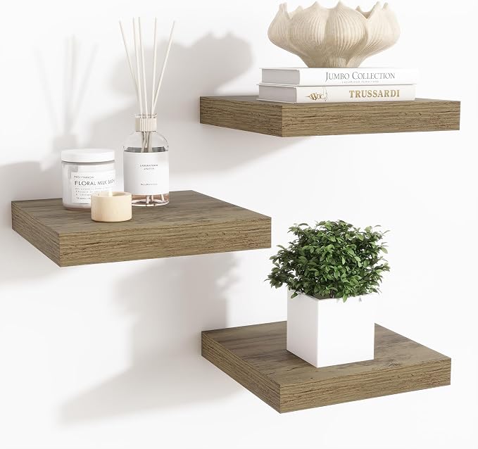 Fun Memories Floating Shelves for Wall - 7.5 Inch Square Shelves with Invisible Brackets, Small Wall Shelf for Living Room, Bathroom, Bedroom, and Kitchen Decor Grey Set of 3