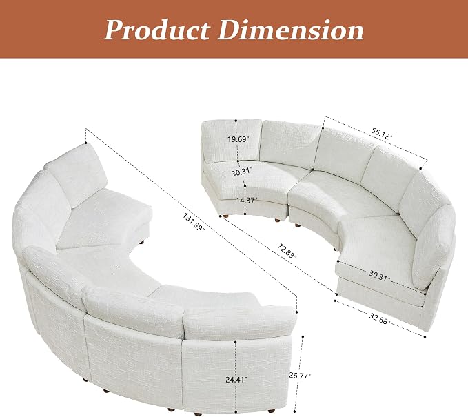 ORRD Curved Half Moon Sectional Sofa, Symmetrical Modular Sectional Couch, Boucle Modular Sectional Sofa with Pillows, Chenille Comfy 6 Seat Couch for Living Room, White