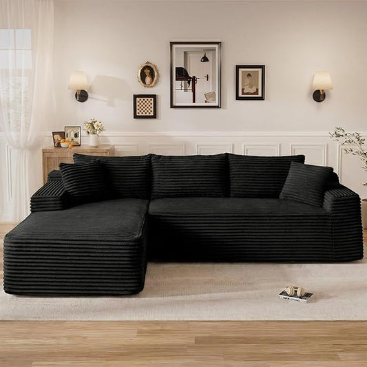 96" L Shaped Cloud Boneless Sectional Couches for Living Room, Modern Comfy Modular Deep Seat Memory Foam Compressed Corduroy Sofa Oversized Left Facing Chaise, No Assembly Required, Balck