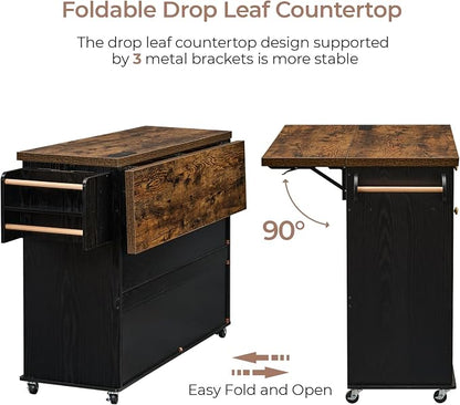 60.2" Kitchen Islands with Storage, Kitchen Island Cart with Trash Can Storage Cabinet, Rolling Kitchen Island Table with Drop Leaf & Power Outlet & Spice Rack & Towel Rack & Knife Holder, Black