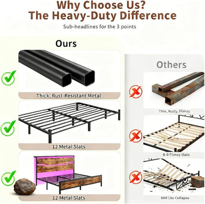 Homkdom Queen Bed Frame with USB Ports & LED Lights, Headboard Shelf, Heavy Duty Metal Platform with 10.24" Underbed Storage, Noise-Free Slats, No Box Spring Needed, Modern Brown