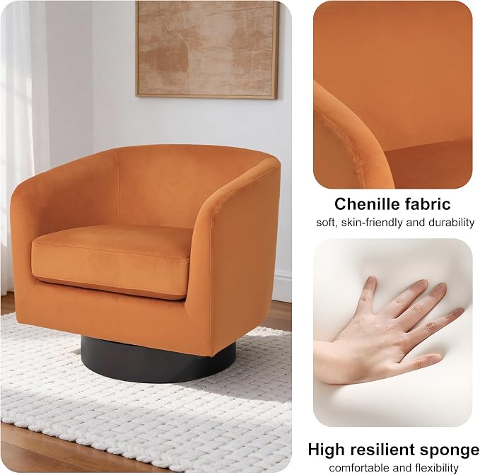 Swivel Barrel Accent Chair, Modern Round Chenille Fabric Arm Chair for Living Room, Bedroom, Comfy Club Reading Chairs for Adults（Velvet Orange, Set of 1