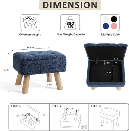 OGEMXU Storage Ottoman, Small Foot Stool Ottoman with Storage, Boucle Teddy Velvet Foot Rest with Padded Seat, Sturdy Wood Legs Stool for Living Room, Bedroom, Couch, Enterway (Dark Blue)