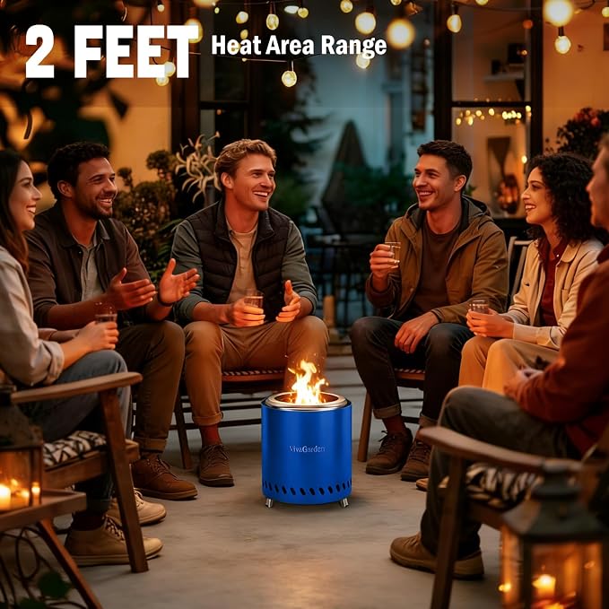 9.5 X 8.6 Inch Tabletop Fire Pit, VivaGarden Portable Firepit, Smokeless Table Top Firepit, Safe Burning Camping Stove, Fueled by Pellets or Wood, Forks, Mat & Travel Bag Included, Blue