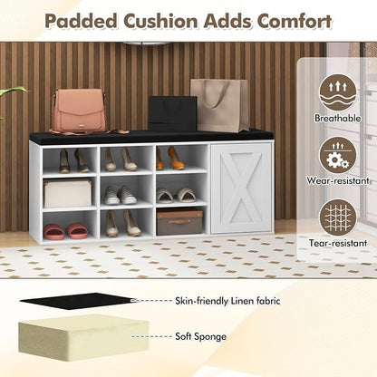 Tangkula Shoe Storage Bench with Padded Cushion, 3-Tier Entryway Bench with 9 Compartments, Adjustable Shelves, Closet, 9-Cube Shoe Organizer for Entryway, Hallway, Bedroom (White)